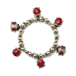 Silvered Round Bead & Enamel Ladybug 6 Charm Stretch Bracelet 1990s(?) *EUC*